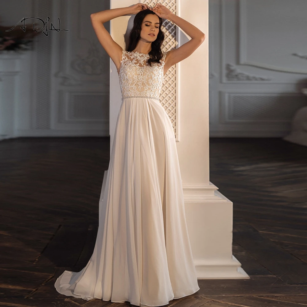 

ADLN Jewel Cap Sleeves Chiffon Beach Wedding Dresses Beaded Appliqued Boho Bride Dress Plus Size Bridal Gown