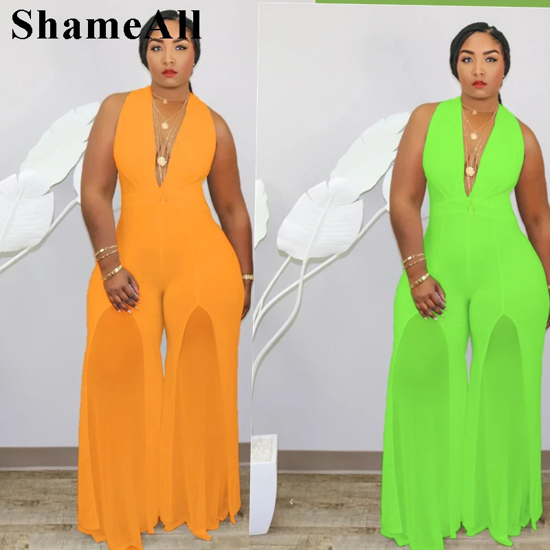 

Plus Size Halter Sheer Mesh Insert Flare Pants Jumpsuits 4XL Street Sexy Deep V Neck Transparent Club Playsuit Wide Leg Romper