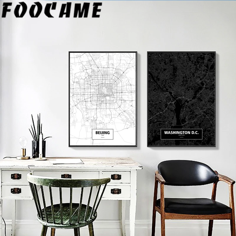 Пекин Шанхай линия города Washington черная белая карта плакат в скандинавском стиле