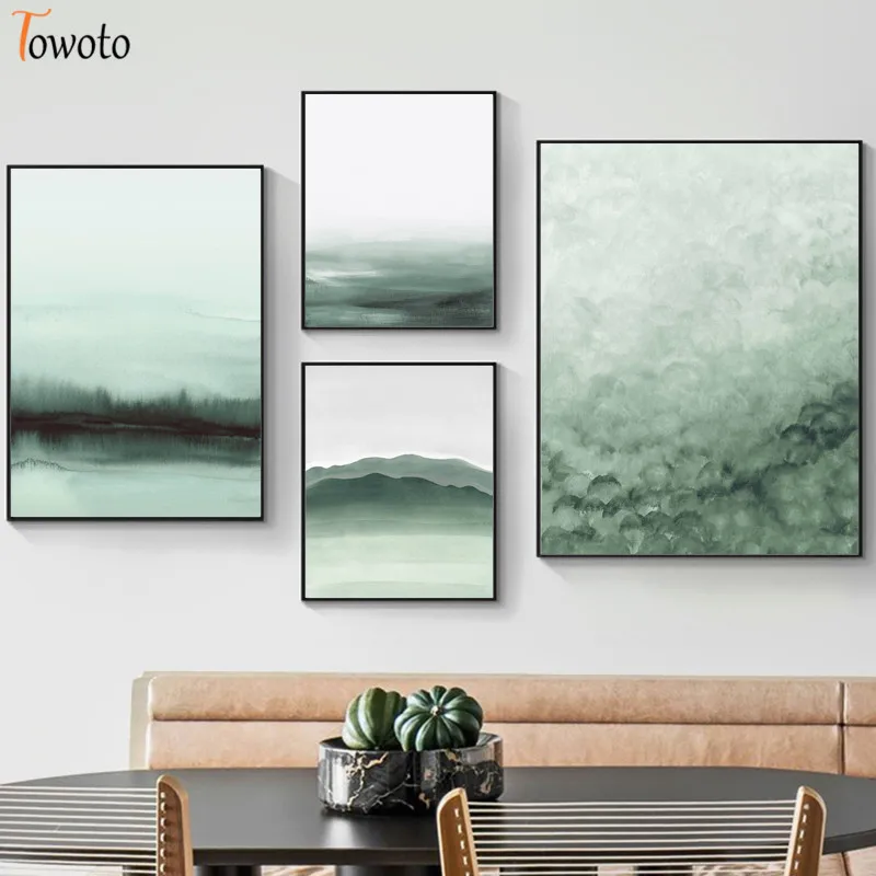 Зеленый абстрактный постер с изображением леса пейзаж холст живопись акварель