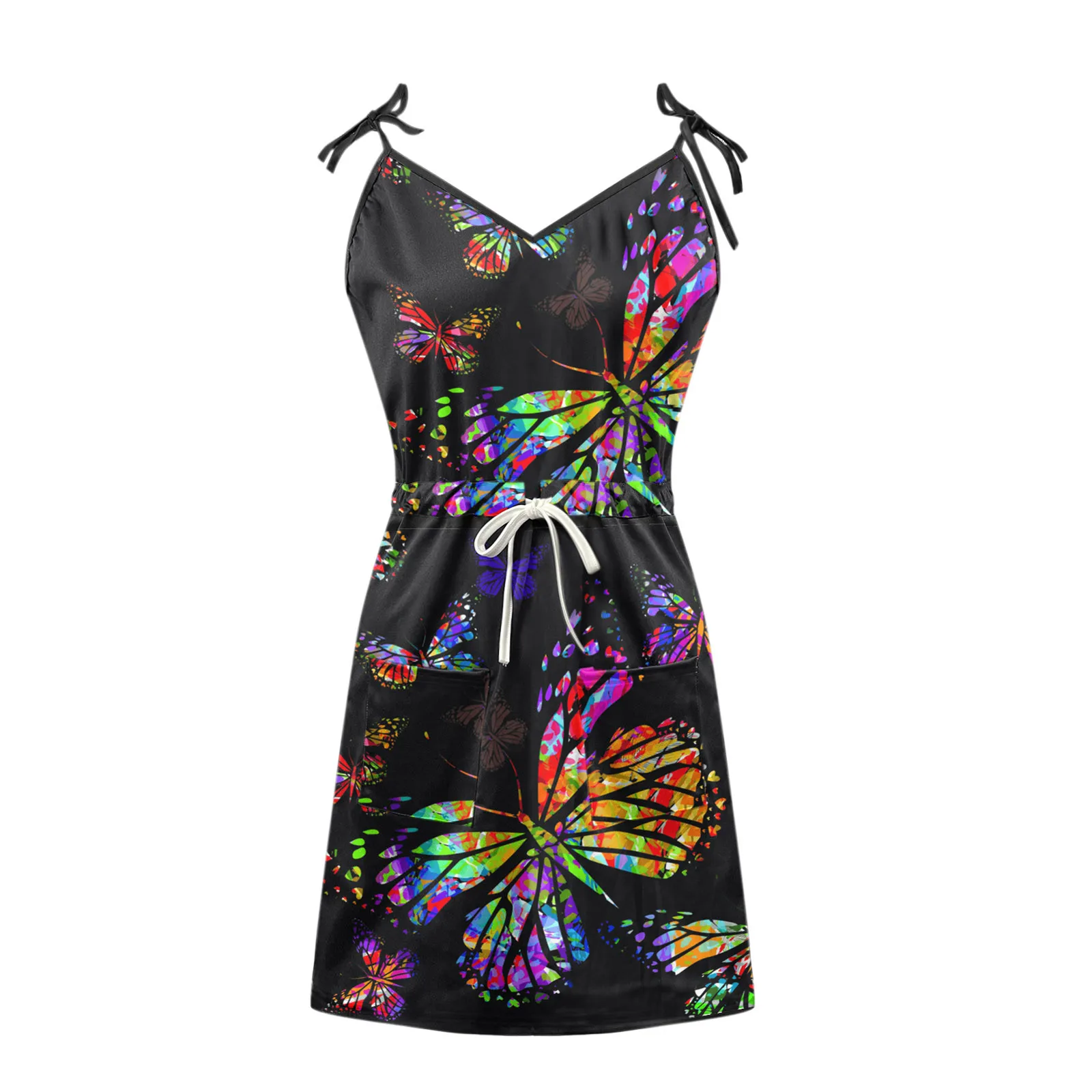 

40# Casual Strap Dress Women Loose Open Back Drawstring Mini Dresses V-neck Sleeveless Print Summer Dress 2021 Vestido De Mujer