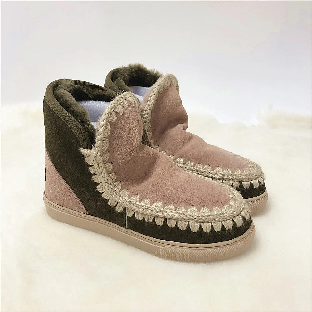 

2022 mou Eskimo sneakers block color women's snow boots sheepskin hand sewn warm slope heel women's ankle boots