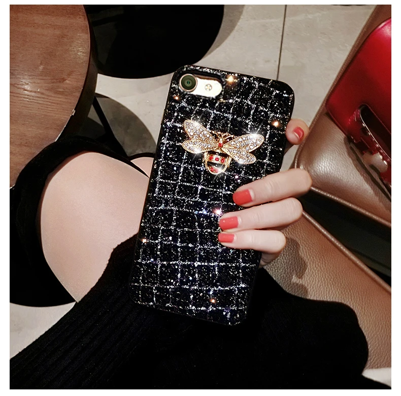 For Samsung Galaxy Note 8 S9 S8 Plus A8 IPhone X 7 6 6s SE 5 5S Metal 3D Bee Diamond Bling Hard Glitter Phone Case Girl Cover |