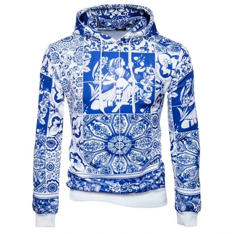 2019 New Mens Hipster Long Sleeve Blue and White Printed Hip Hop Hoodies Casual Hooded Sweatshirts Fashion Urban Clothing | Мужская