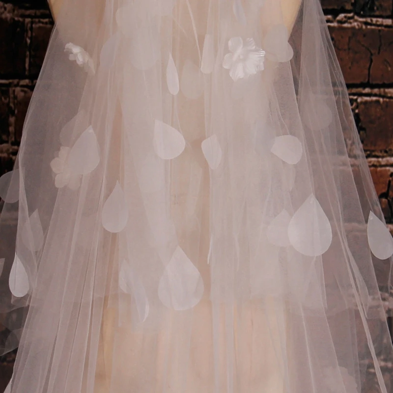 

Women 2 Tier Floor Length Long Trailing Cathedral Wedding Veil with Waterdrop Floral Appliques Romantic Bridal Headpiece