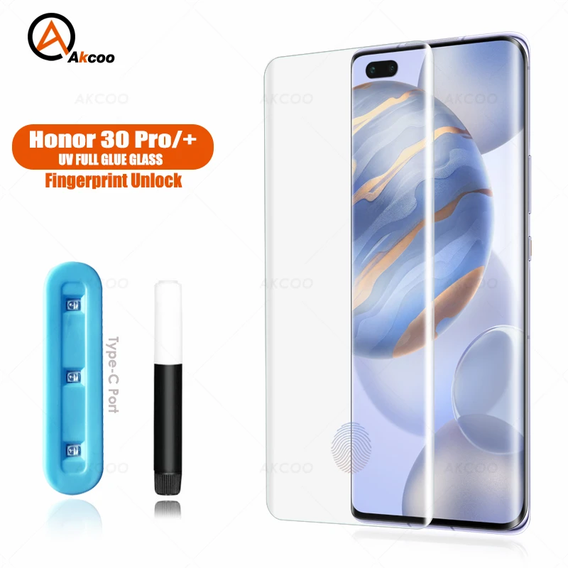 Akcoo UV полное клейкое закаленное стекло для Honor 30 Pro Защитная пленка экрана