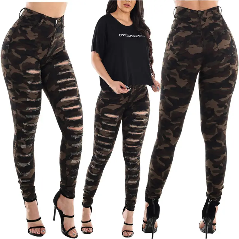 Wjustforu модные камуфляжные рваные брюки женские повседневные облегающие штаны