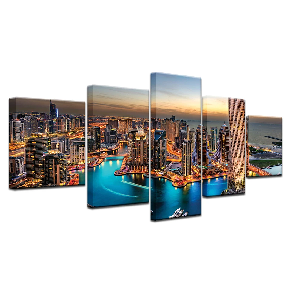 

HD Prints Pictures Modular Canvas Poster Wall Art Framework 5 Pieces New York City Building Sunset Landscape Painting Home Decor