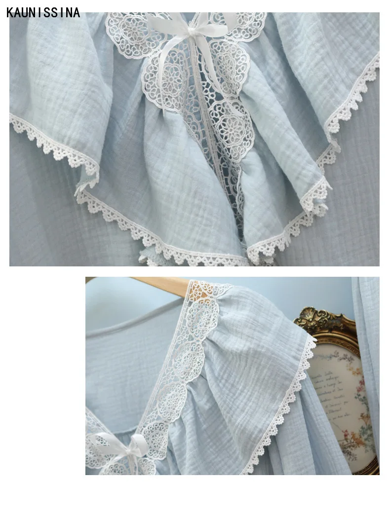 

Women Autumn Pajamas 100% Cotton Sleepwear Lace White Princess Long-Sleeved Tops Ankle-Length Pants Pajama Set Female Nightwear