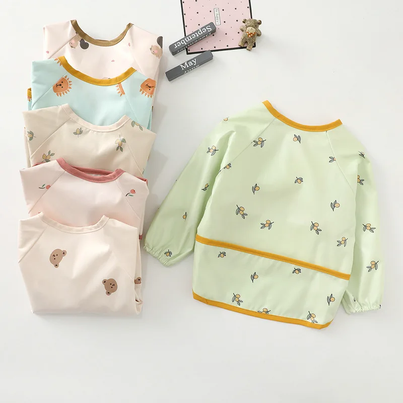 Baby Bibs ong Sleeved Scarf Toddler Girl Burp Art Crafts Waterproof Mealtime Washable Smock Children Feeding Apron Pocket Infant