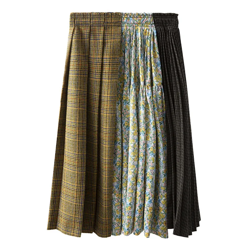 

Spring Autumn Women Korean Style Ladies Skirts New Skirt High Waist Stitching Plaid Woolen Pleated Skirts For Women Sexy Skirt