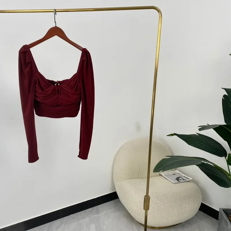 

High Quality Autumn Women Fashion Solid Burgundy Folds Square Collar Long Sleeve Slim Designer Blouses Tops