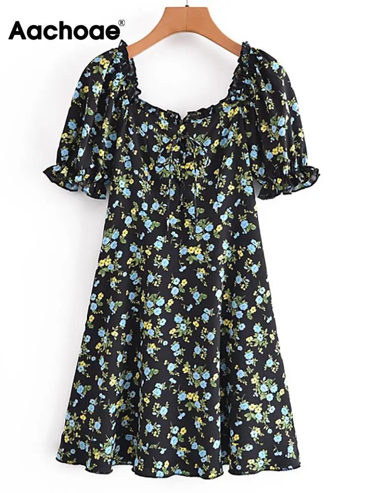 

Aachoae Women Sweet Floral Printed Mini Dress Square Collar Butterfly Short Sleeve Dresses Ladies Casual A Line Dress