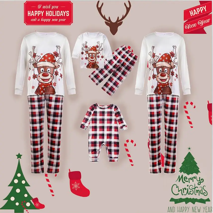 

Christmas Family Matching Pajamas Cartoon Elk Reindeer Printed Plaid Adult Kid Family Sleepwear Pj's Set Xmas Clothes Set