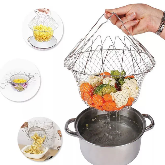 

Stainless Steel Fry Steam Rinse Strain Strainer Kitchen Set Food Folding Basket Utensil Cooking