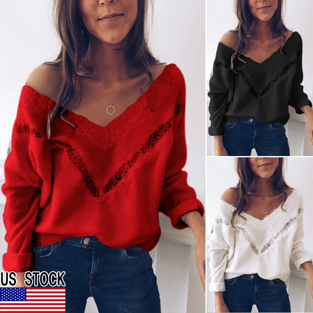 Hot Sale Fall Tops Women Sexy Low Cut Lace Patchwork White Long Sleve Women Blouse Sexy Tops and Blouse