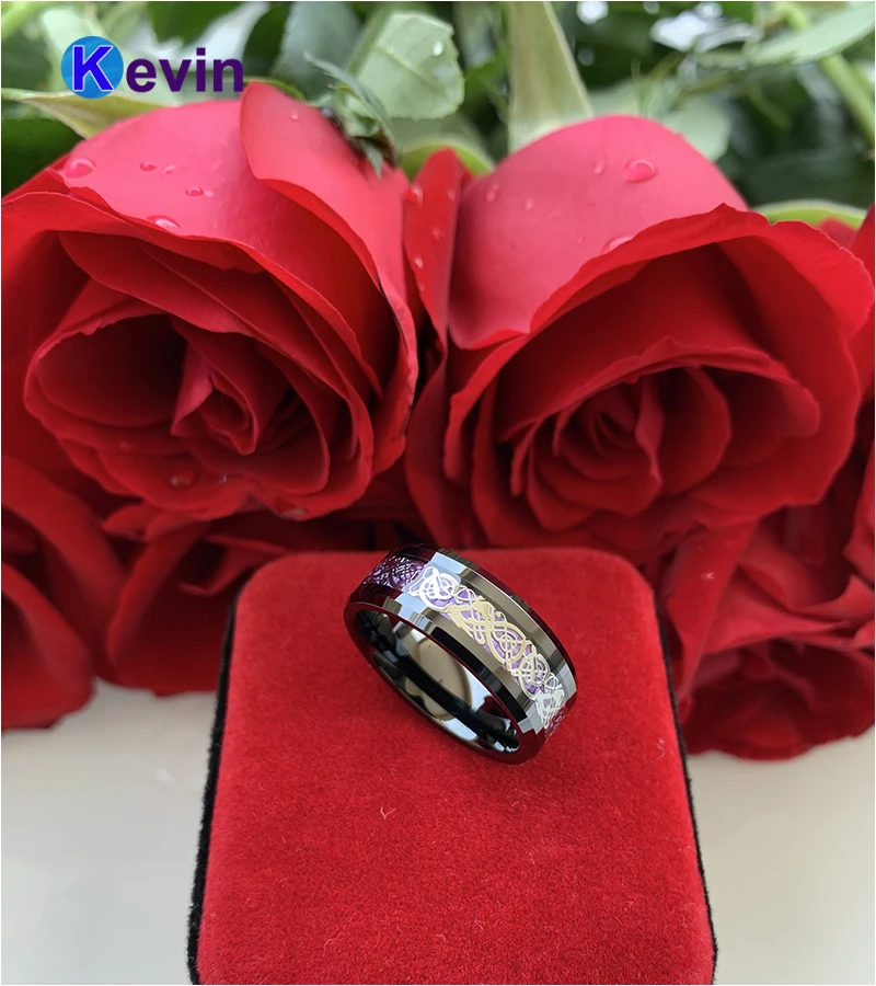 Вольфрамовое кольцо 8 мм для мужчин и женщин обручальное с фиолетовым углеродным