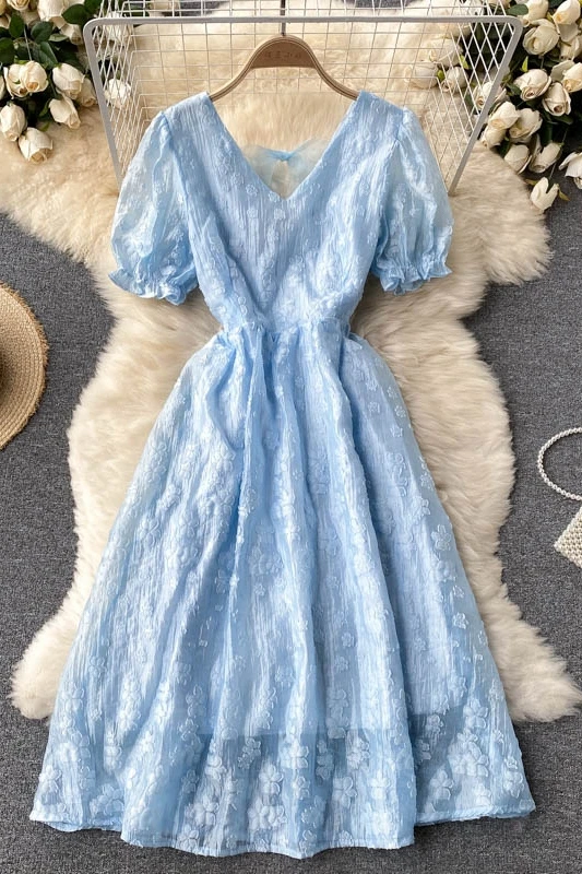 

Women Elegant French Dress Sweet Puff Sleeve V Neck A-line Dresses 2021 Summer Korean Fashion Streetwear Female Midi Sundress