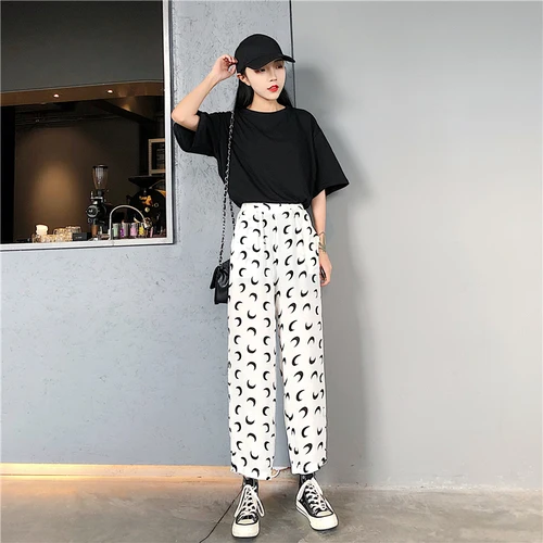 

New summer Fashion trousers harajuku black moon print pants women baggy high waist casual pants chiffon wide leg streetwear