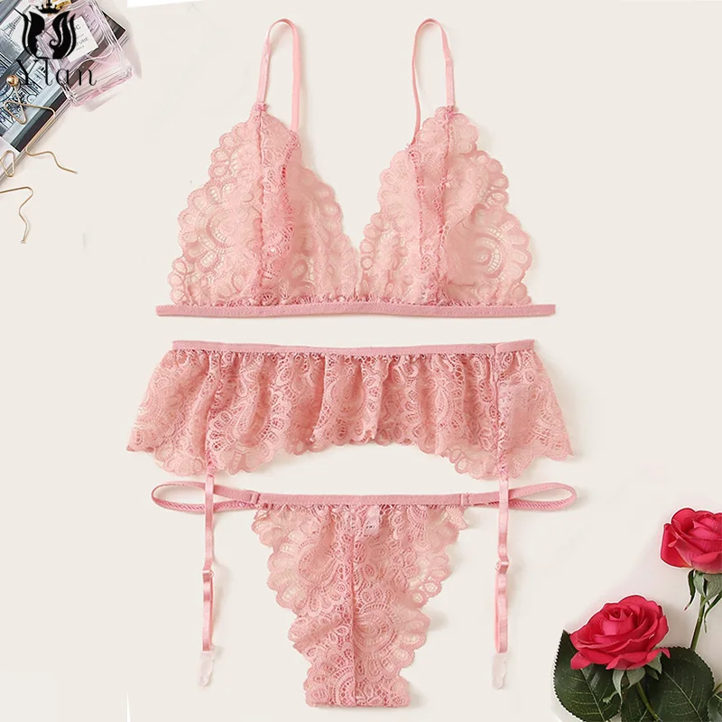 

Erotic Lingerie Women's Underwear Set Sexy Lace Lingerie Set Female Underwear Pink Flower Lace Bra And Panty 2021 Underwear Set