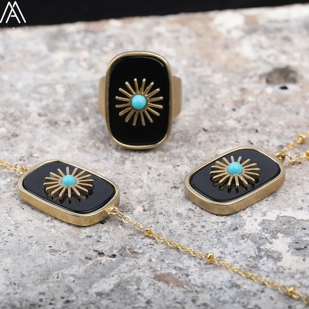 Женские регулируемые кольца из натурального черного агата прямоугольные оникса