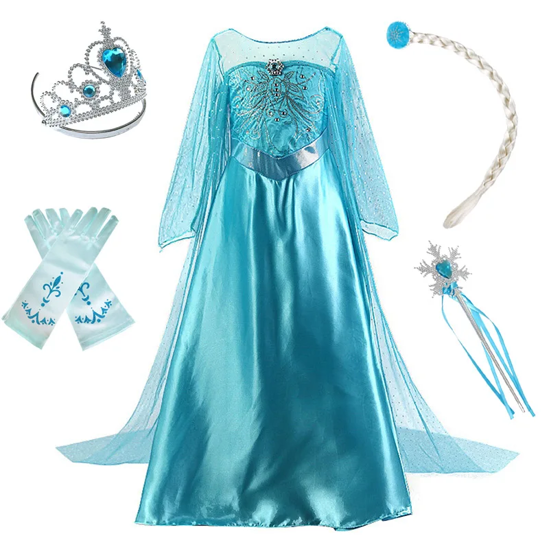 Dress and S01 Комплект для девочек с принтом Эльзы, с изображением принцессы Эльзы детское платье принцессы для детей с украшением в виде кристаллов платье плащ Одежда для детей Снежная королева 2 Рождество День рождения Косплэй костюм - Цвет: Dress and S01