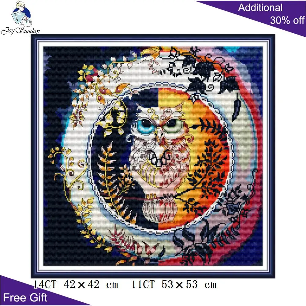 

Joy Sunday Day And Night DA500 14CT 11CT Counted and Stamped Owl Wreath Animal Home Decor Needlework Cross Stitch kits