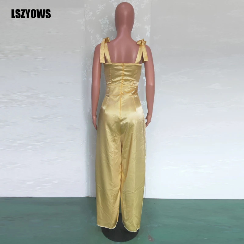 

Satin Jumpsuits Women 2021 Sexy Bow Tie Spaghetti Strap Long Romper Overalls Ladies Casual Loose Wide Leg Pants Elegant Jumpsuit