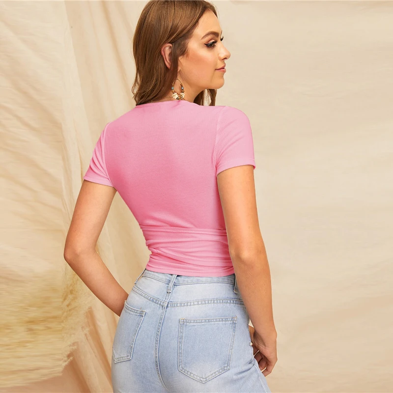 SHEIN, сексуальный облегающий топ с глубоким v-образным вырезом и поясом, женская летняя Элегантная футболка с коротким рукавом