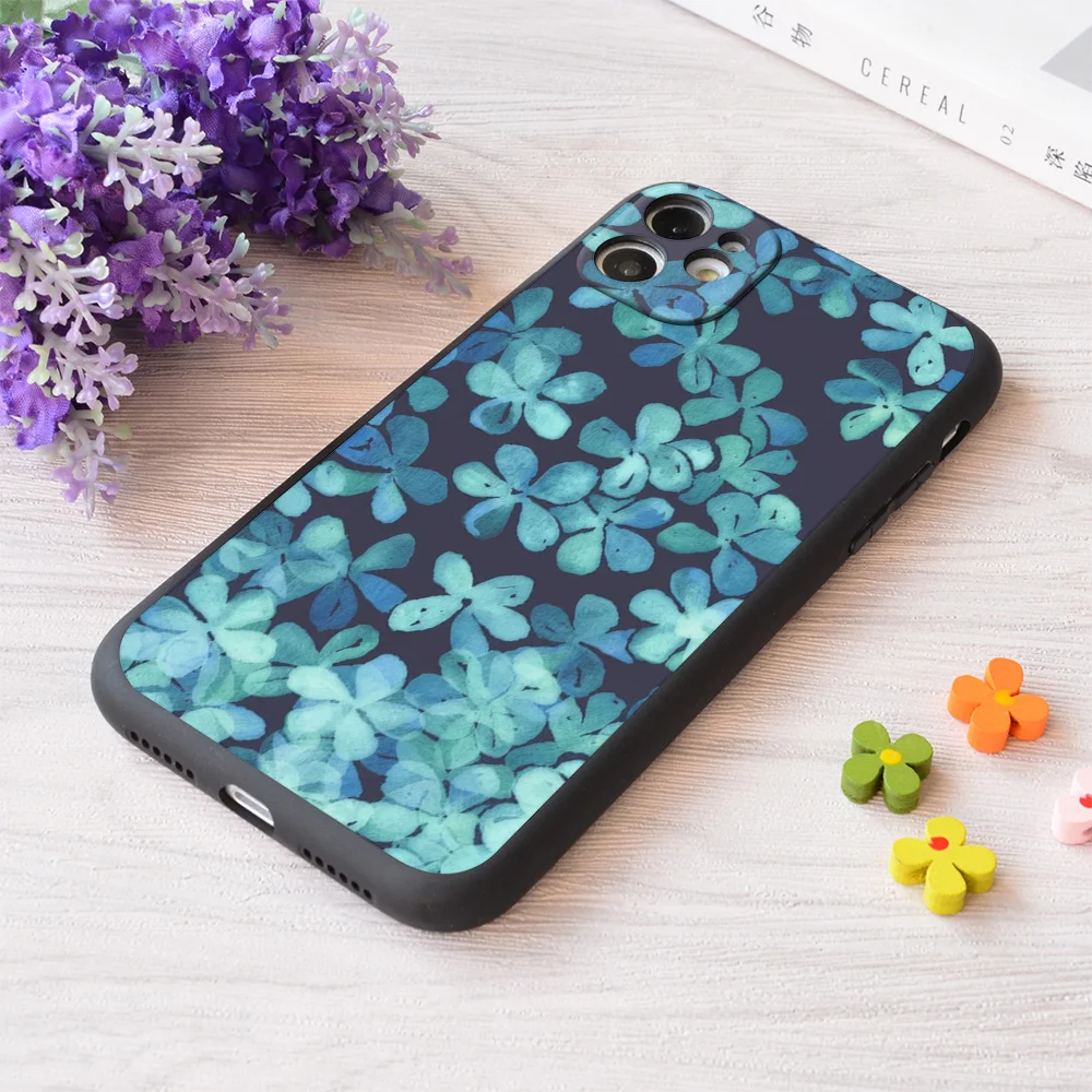 

For iPhone Hand Painted Floral Pattern In Teal & Navy Blue Print Soft Matt Apple Case