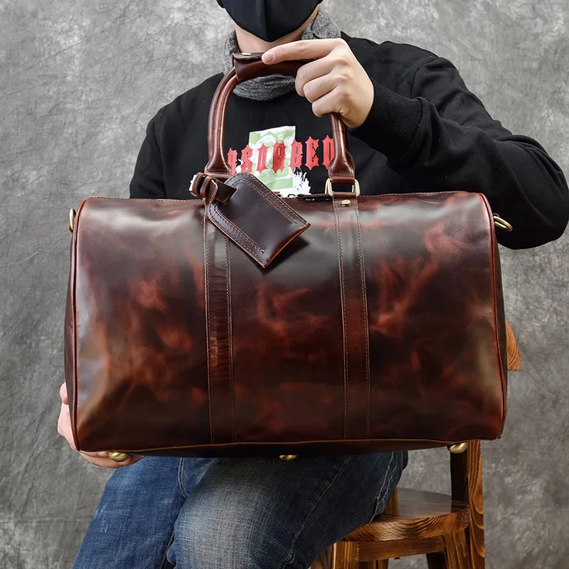 Men's genuine leather travel bag durable Thick crazy horse leather travel duffel Real leather Vintage Retro Look weekend bag