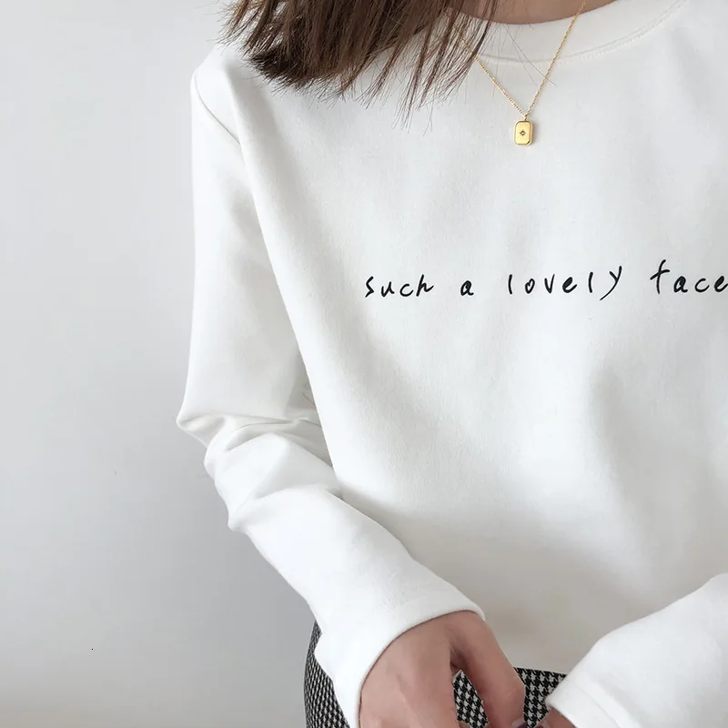 

2021 Spring Letter Print Woman Cotton T-shirt Loose Thickening Long Sleeve Pullovers O Neck Casual Oversize T-shirts 95% Cotton