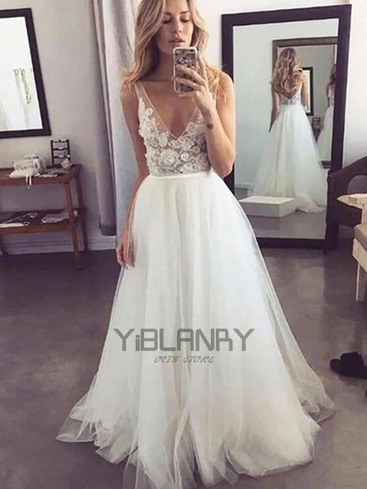 

YILIBER Lace wedding dress v-neck sleeveless simple beautiful applique decoration bridal dresses backless plus size