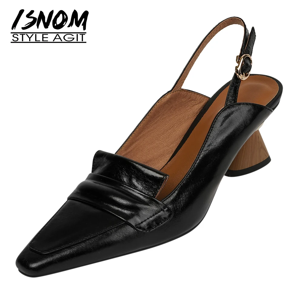 

Новинка 2021, женские сандалии ISNOM из натуральной кожи с ремешком на пятке, необычные туфли на высоком каблуке, Уютная женская летняя обувь