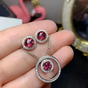 Natural Garnet Super Flash S925 Sterling Silver Earrings Pendant Necklace Set Fine Fashion Jewelry for Women