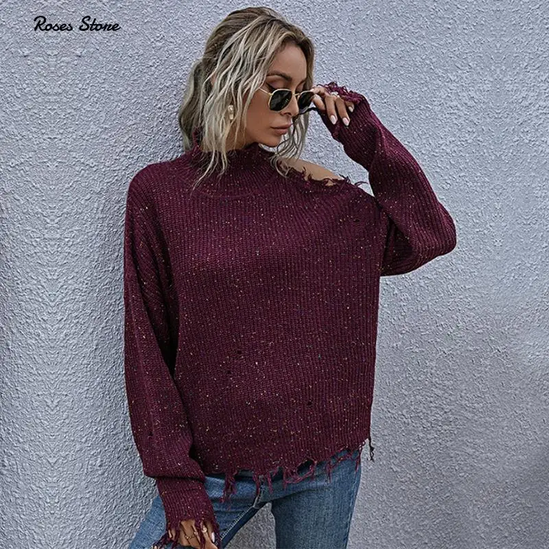 Свитер женский трикотажный с открытыми плечами и воротником-хомутом | Женская