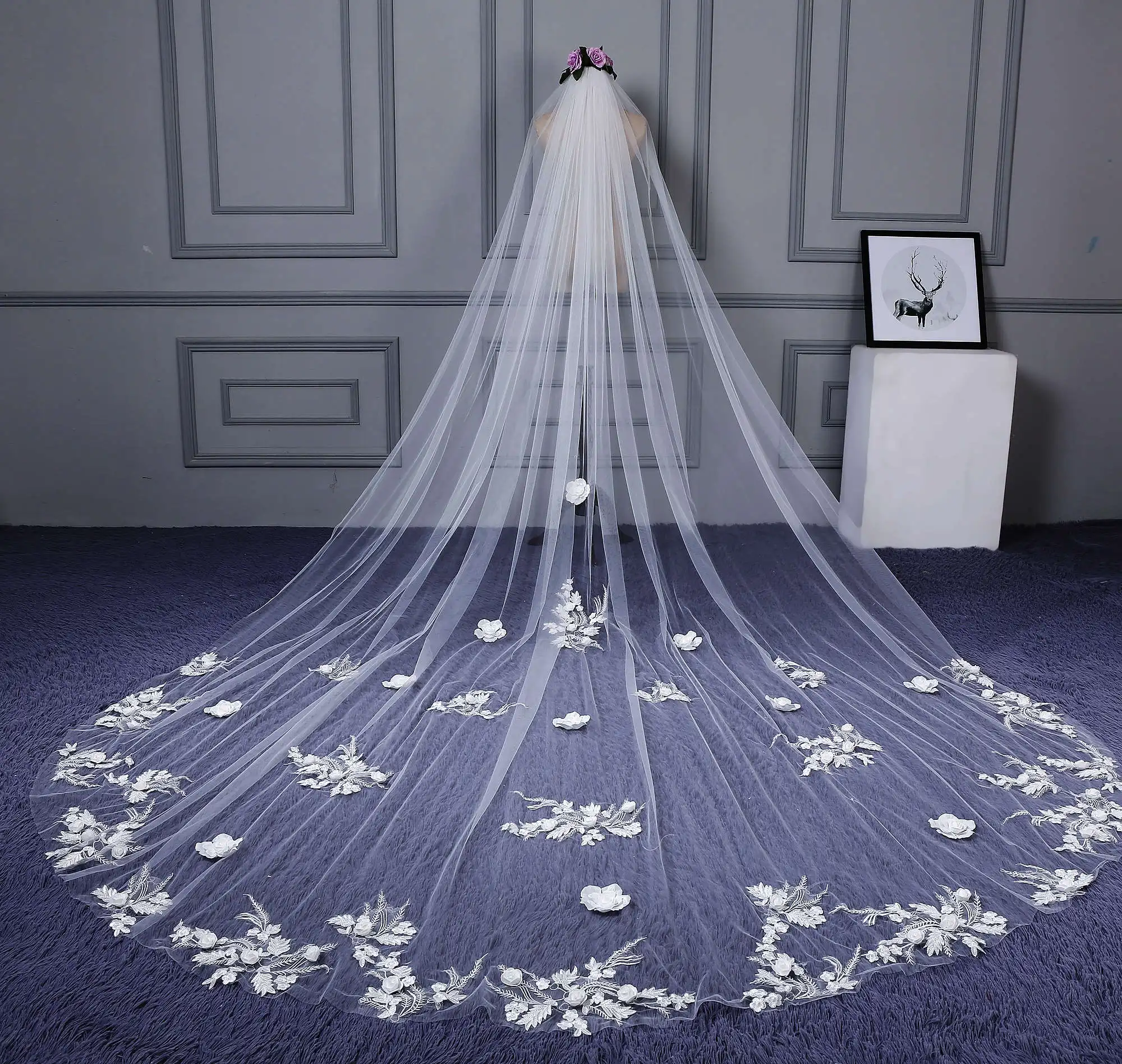 Tanpell Amazing 3D Flowers Appliques Cathedral Wedding Veil One-Layer Ivory Tulle Long Accessories Bridal For | Свадьбы и торжества