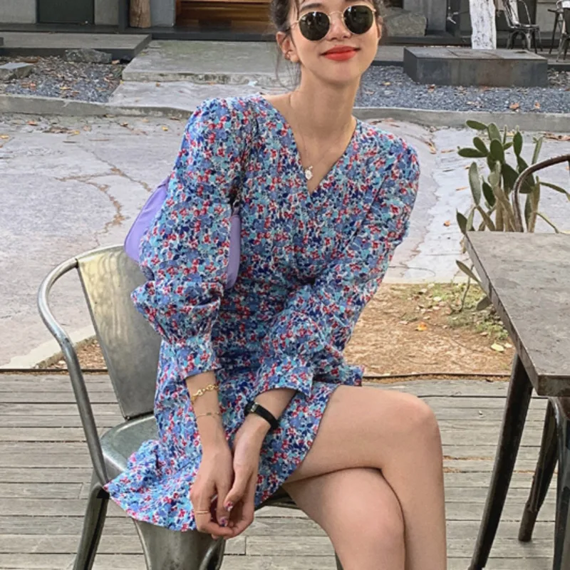 

Женское винтажное платье с цветочным принтом, элегантное шифоновое пляжное мини-платье с длинным рукавом в Корейском стиле бохо, осень 2021