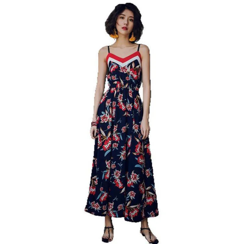 

#3980 Sleeveless Spaghetti Straps Dress Women V Neck Sexy Boho Beach Dress High Waisted Backless A-line Dresses Floral Printed
