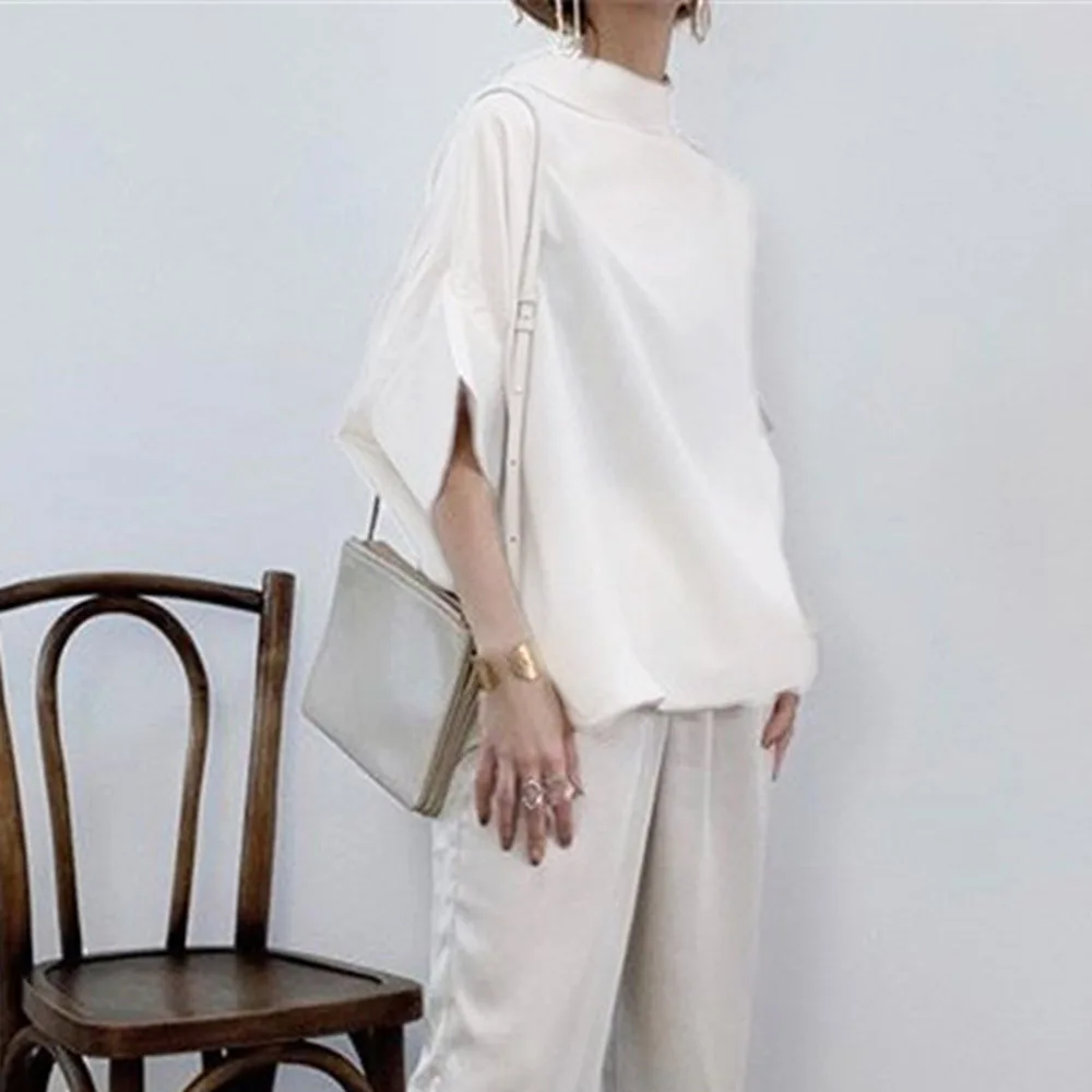 

2021 Japanese Style Temperament New Blouse Solid Color Summer Simplicity Casual Bat Sleeve Stand-up Collar Loose Tops