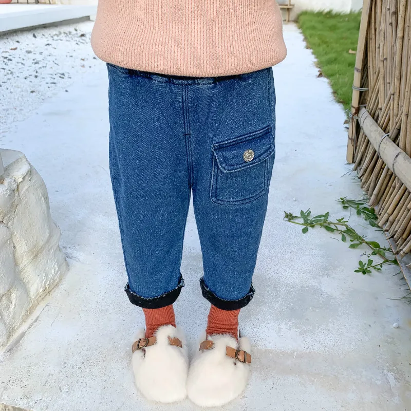 

DFXD Children Jeans Pants 2020 Winter Plus Velvet Warm Denim Pants Trousers Casual Long Solid Color Thicken Pencil Pants 1-5Yrs
