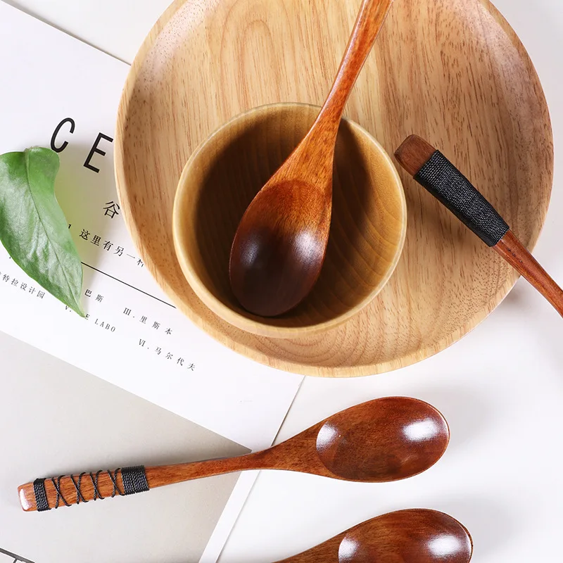 20x4cm Wooden Long Handle Tableware Kitchen Ramen Catering Rice Soup Spoon Cutlery Mixing Spoons Teaspoons Cooking Utensils | Дом и сад