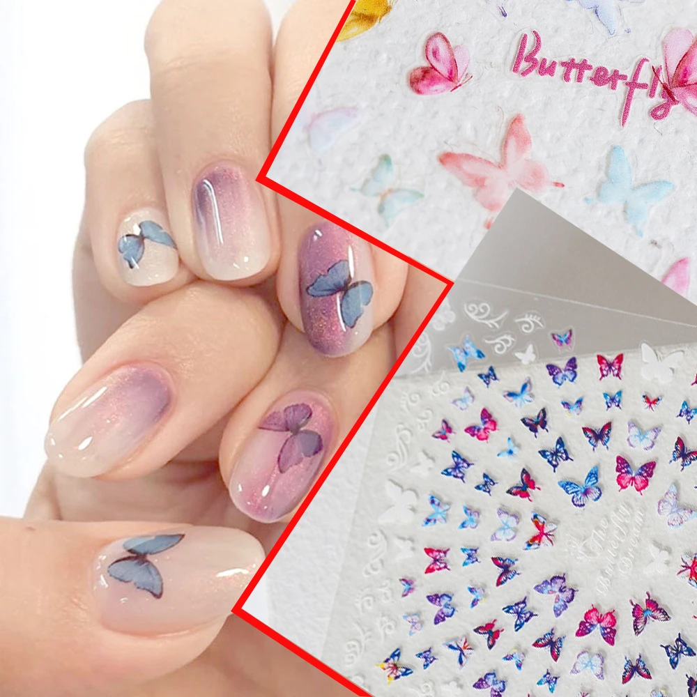 

New 5D Engraved Nail Sticker Pretty Pink Color Butterfly Shape Charm Ultra Thin Nail Slider Decals Manicure