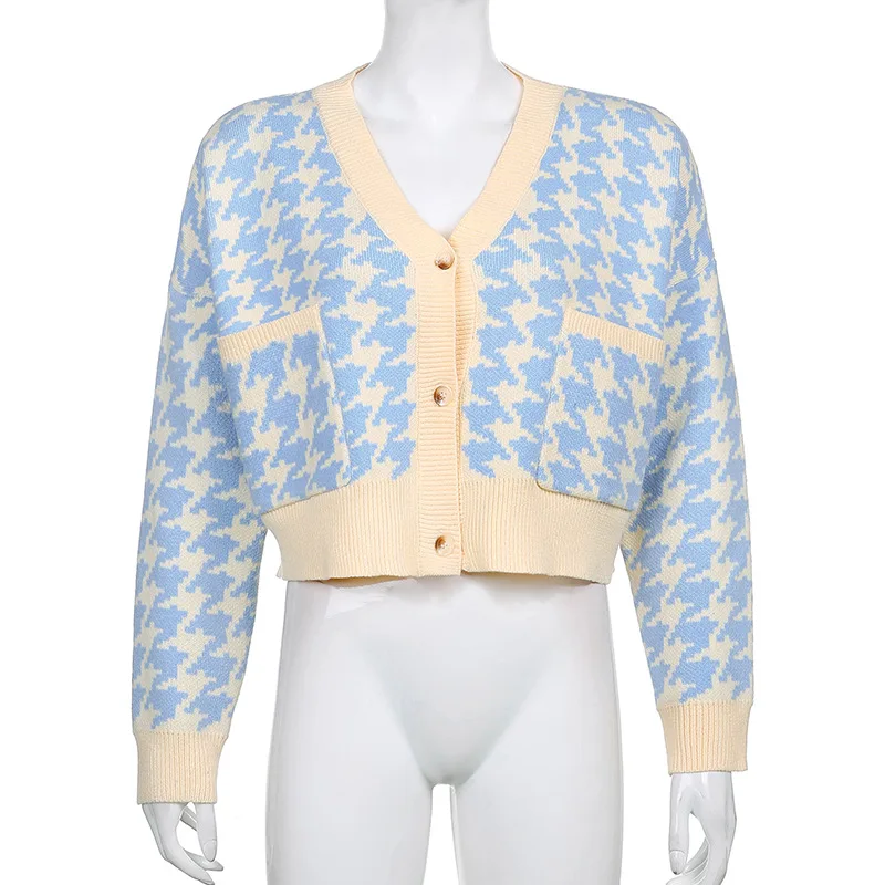 

Giyu Houndstooth Knitted Single-breasted Casual Sweaters Women Autumn Long Sleeve V-neck Cardigans Streetwear Female Y2k Tops