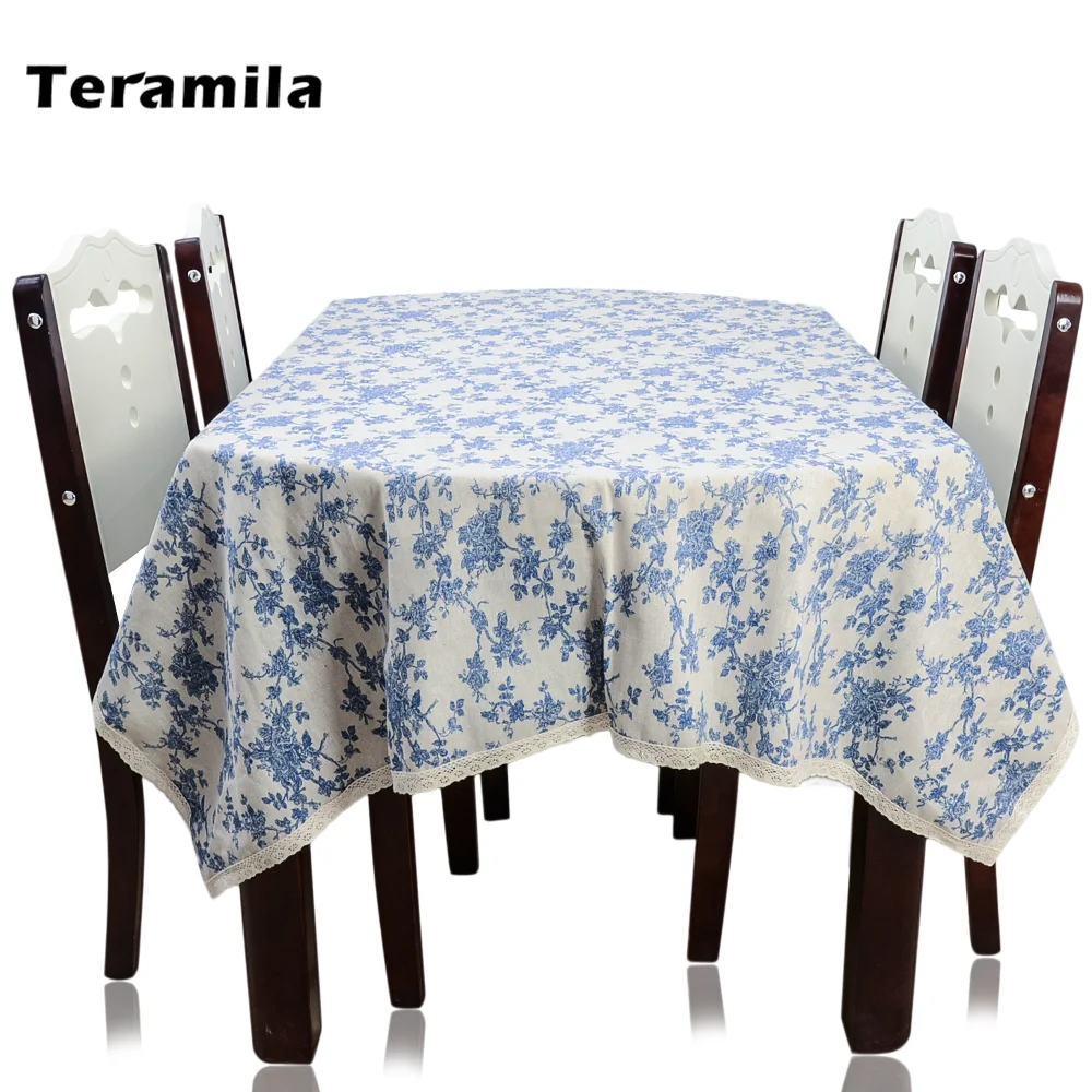 

Teramila Dining Table Cloth Lace Side Blue Floral Design Tablecloth Thick Linen Cotton Table Cover Home Textile For Party Mantel