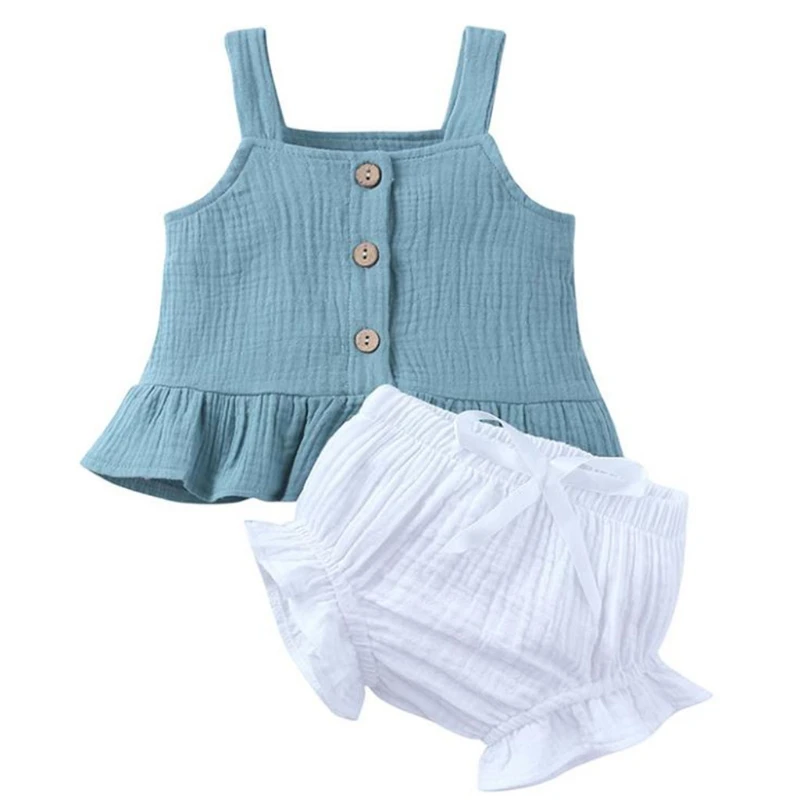 

A5YC Infant Baby Girls Summer 2pcs Outfits Buttons Sleeveless Tank Top Mini Shorts