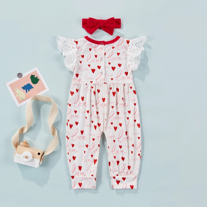

Infant Baby Girls Summer Romper Fly Sleeve Hollow Out Heart Printed Long Bodysuit Bow Headband