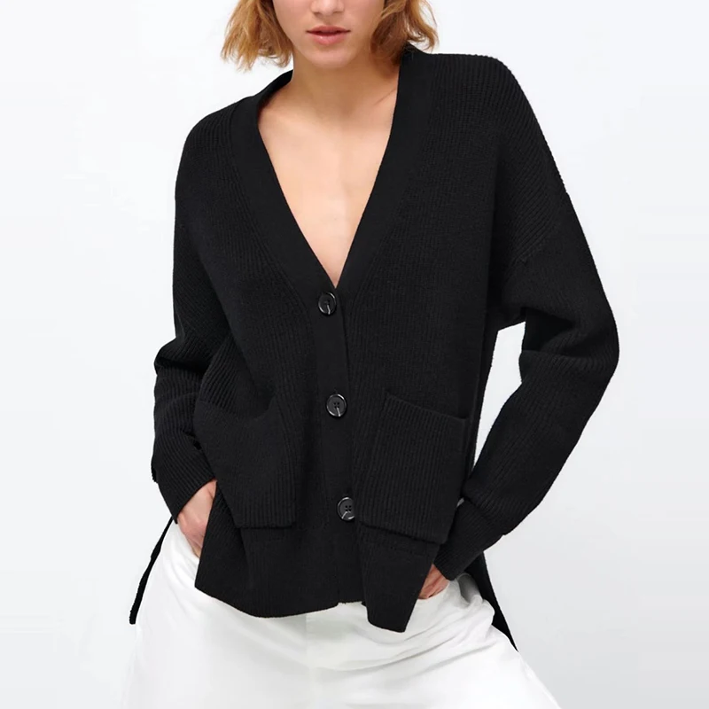 

WXWT Za женские элегантные однотонные вязаные кардиганы с длинным рукавом свитера с двойными карманами верхняя одежда женская домашняя одежд...