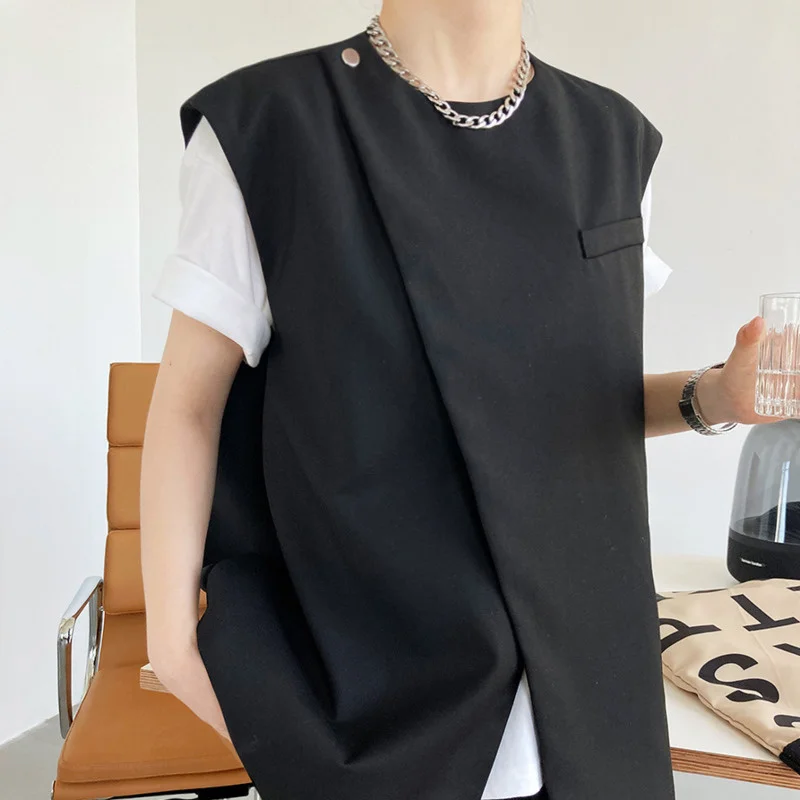 EWq-Корейская женская повседневная жилетка модная одежда с круглым вырезом и