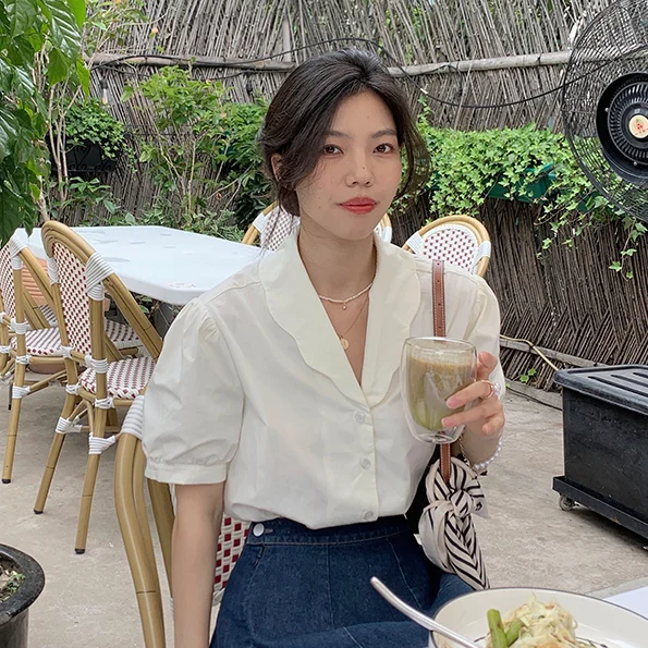 

Puff Sleeve Shirt French V Square Collar High Quality Aesthetic Fashion T Shirt Short Sleeve Roupas Femininas Women Clothing DE5